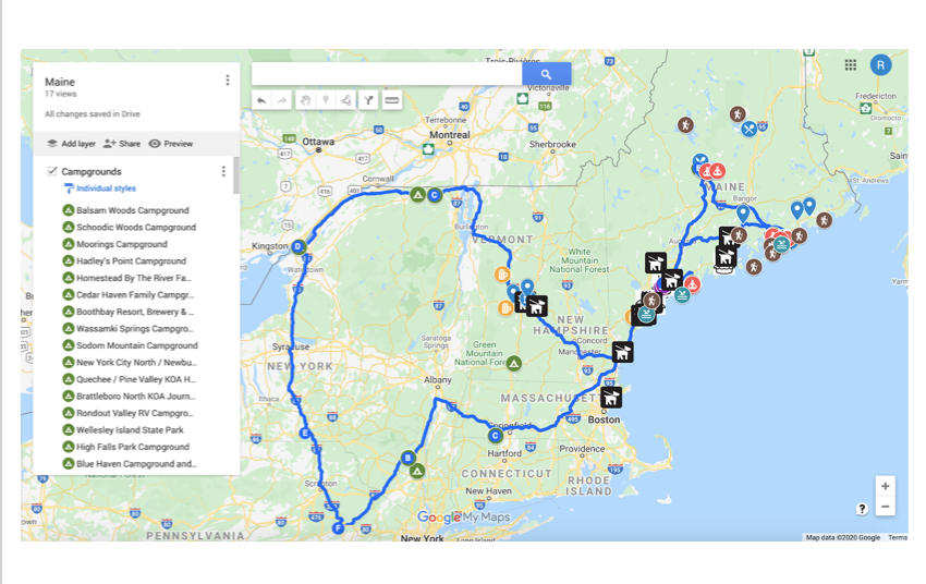 A rough map route of EFO epic Maine road trip